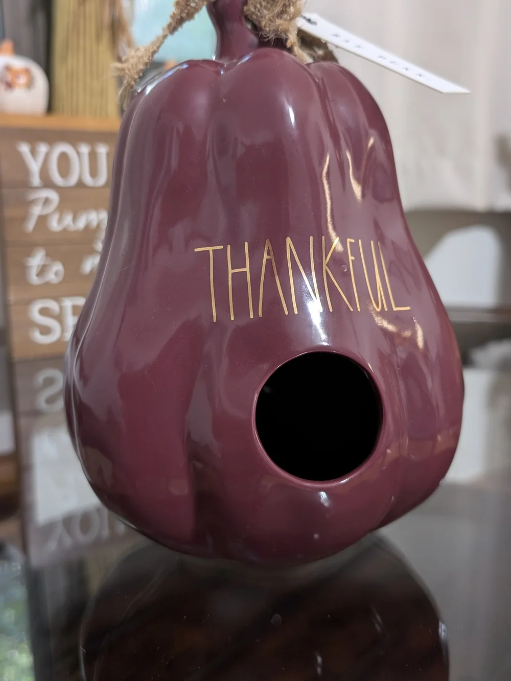 Rae Dunn Plum Ceramic Pumpkin with Burlap Accent